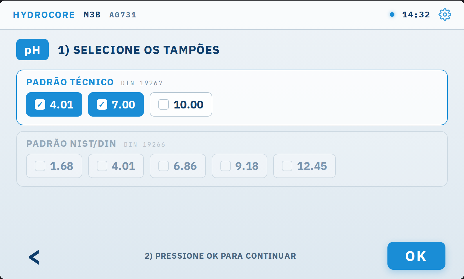 Marque os tampões que vai usar. Selecione ao menos dois que enquadrem a faixa da sua
      amostra, e confirme em OK.