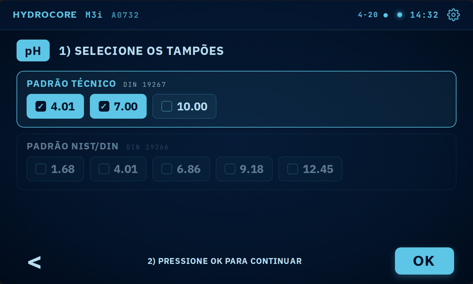 Marque os tampões que vai usar. Selecione ao menos dois que enquadrem a faixa da sua
      amostra, e confirme em OK.