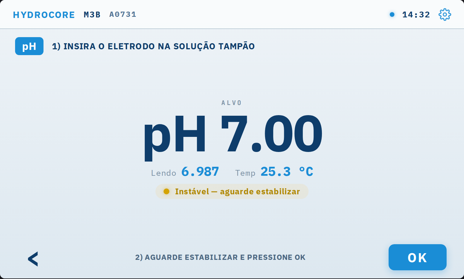 O equipamento mostra o alvo em letra grande, a leitura ao vivo e a temperatura.
      Enquanto o aviso disser Instável, aguarde: confirmar antes de estabilizar é a causa
      mais comum de calibração recusada.