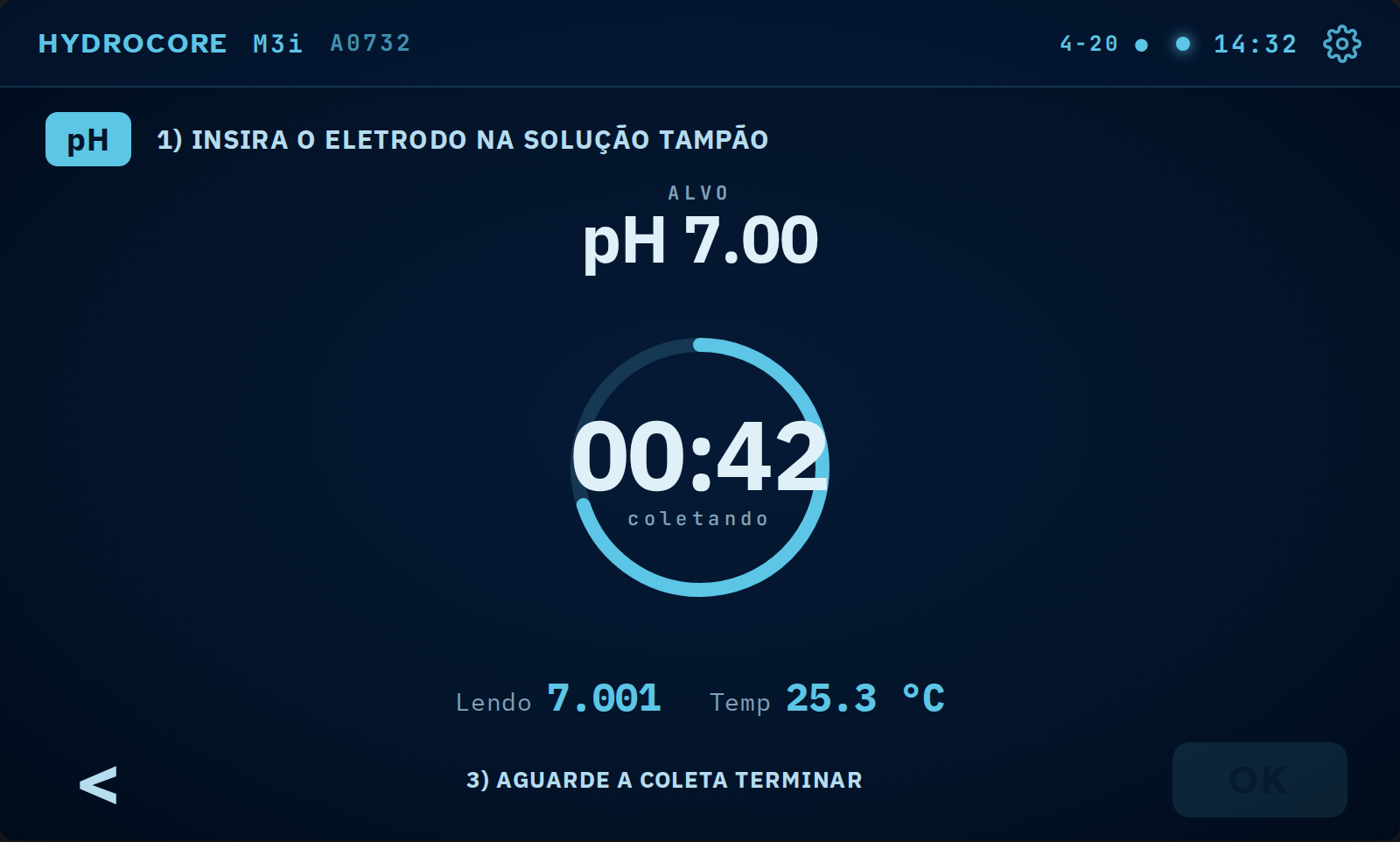 O equipamento coleta o ponto por 60 segundos e mostra a contagem. Não retire o
      eletrodo nem mexa no frasco durante a coleta.